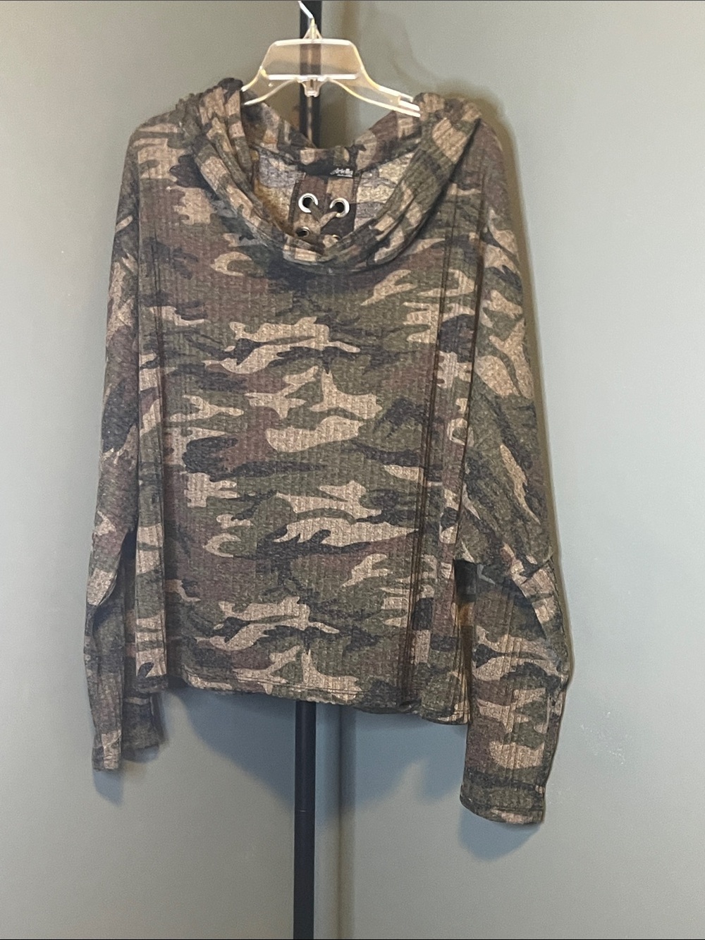 Ariella Camo Lace-Up Cowl Neck Pullover - hooded top